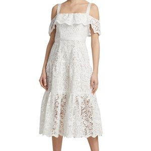 Marchesa Notte Off the Shoulder Embroidered Lace Cocktail Dress Guipure A-line